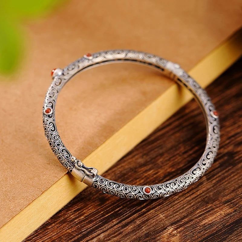 Ethnic Style Silver Vintage Classic Southern Red Tourmaline Bracelet
