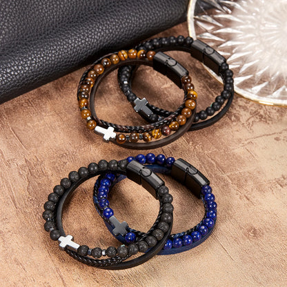 Natural Stone Beads Cross Bracelets Multilayer Leather Bracelet