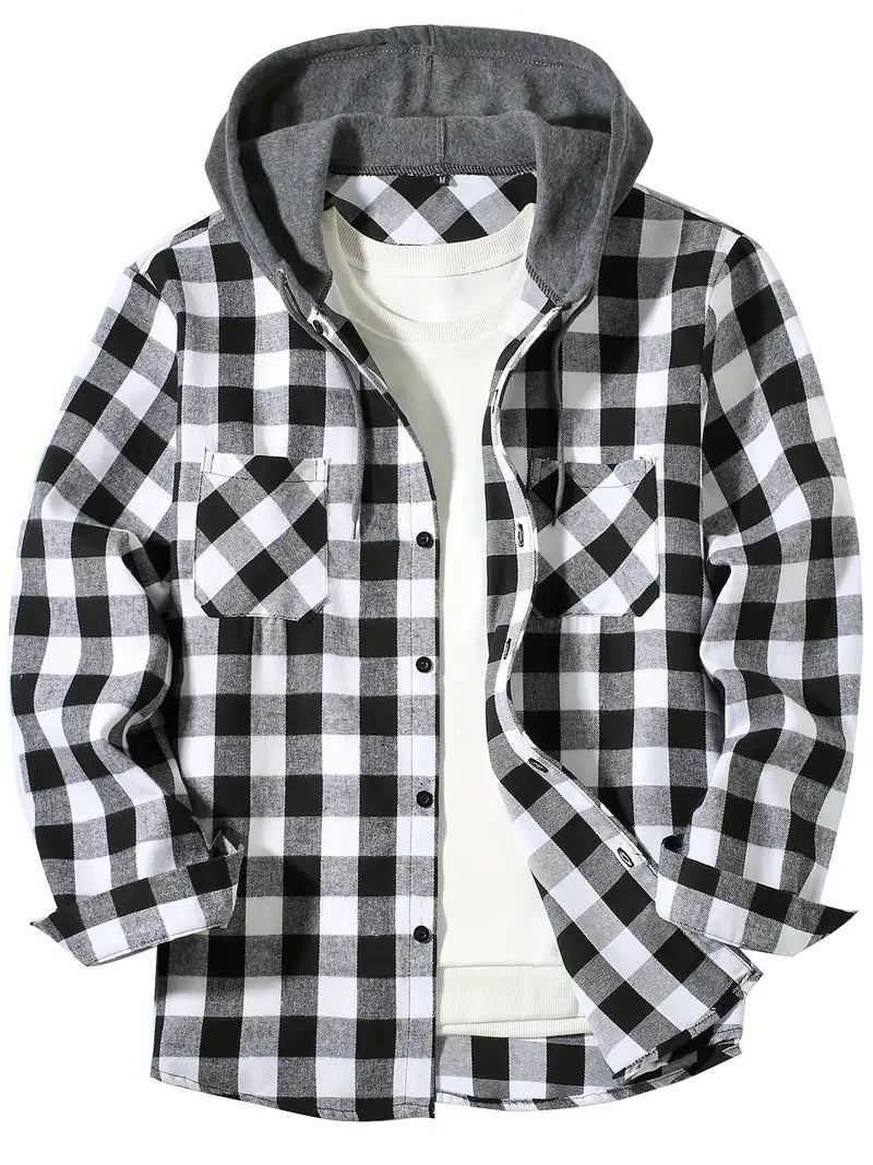 Slim Fit Long Sleeved Hooded Plaid Shirt Youth/Men