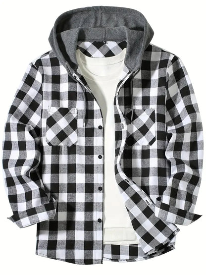 Slim Fit Long Sleeved Hooded Plaid Shirt Youth/Men