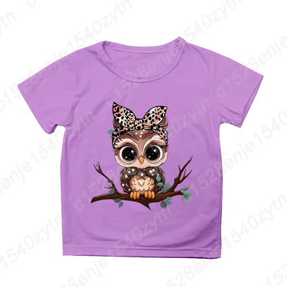 Girls Owl Leopard Bow Print T-shirt