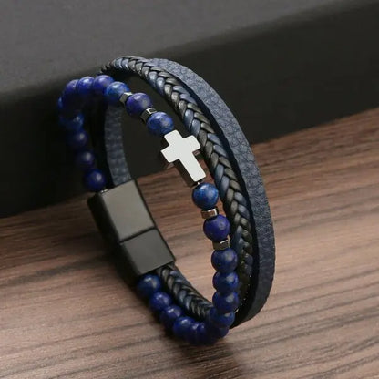 Natural Stone Beads Cross Bracelets Multilayer Leather Bracelet