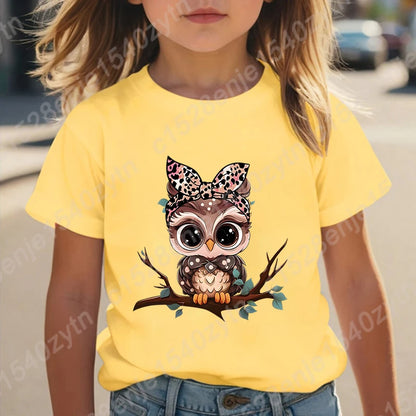 Girls Owl Leopard Bow Print T-shirt