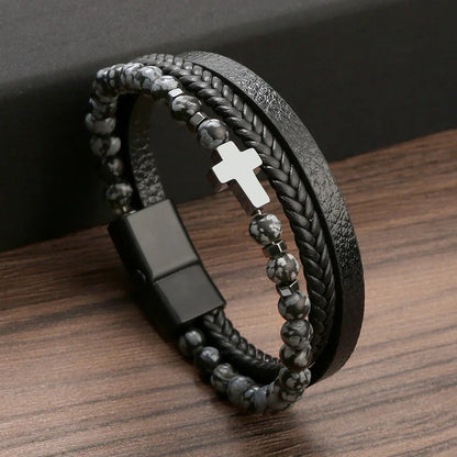 Natural Stone Beads Cross Bracelets Multilayer Leather Bracelet