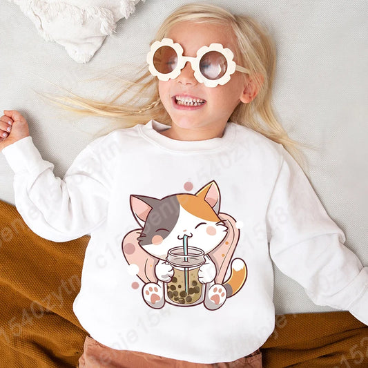 Cat Boba Tea Print Crew Neck Sweatshirt