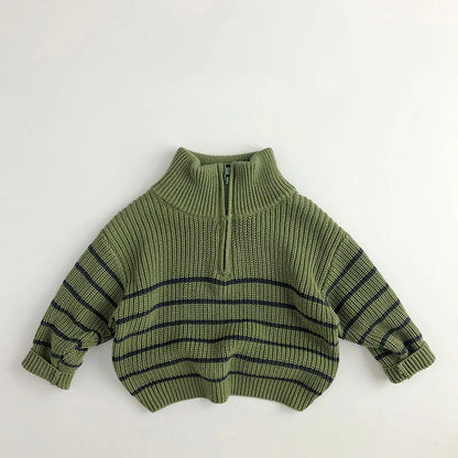 Unisex Sweaters with Classic Striped Half Zipper Girls Knit Pullover Tops