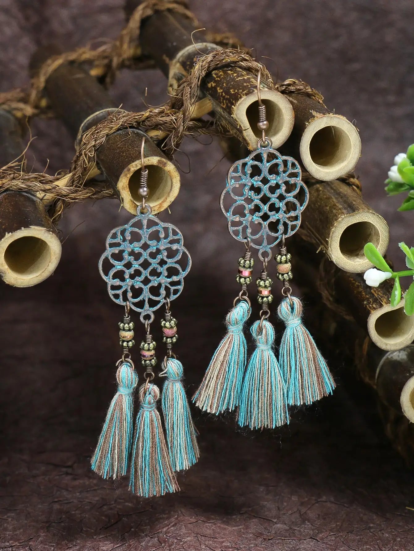 Bohemian Style Hollowed out Carved Pendant w/tassel Earrings Necklace Set