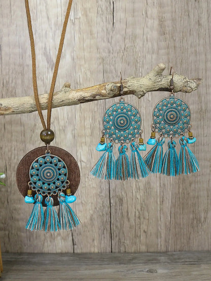 Bohemian Style Hollowed out Carved Pendant w/tassel Earrings Necklace Set