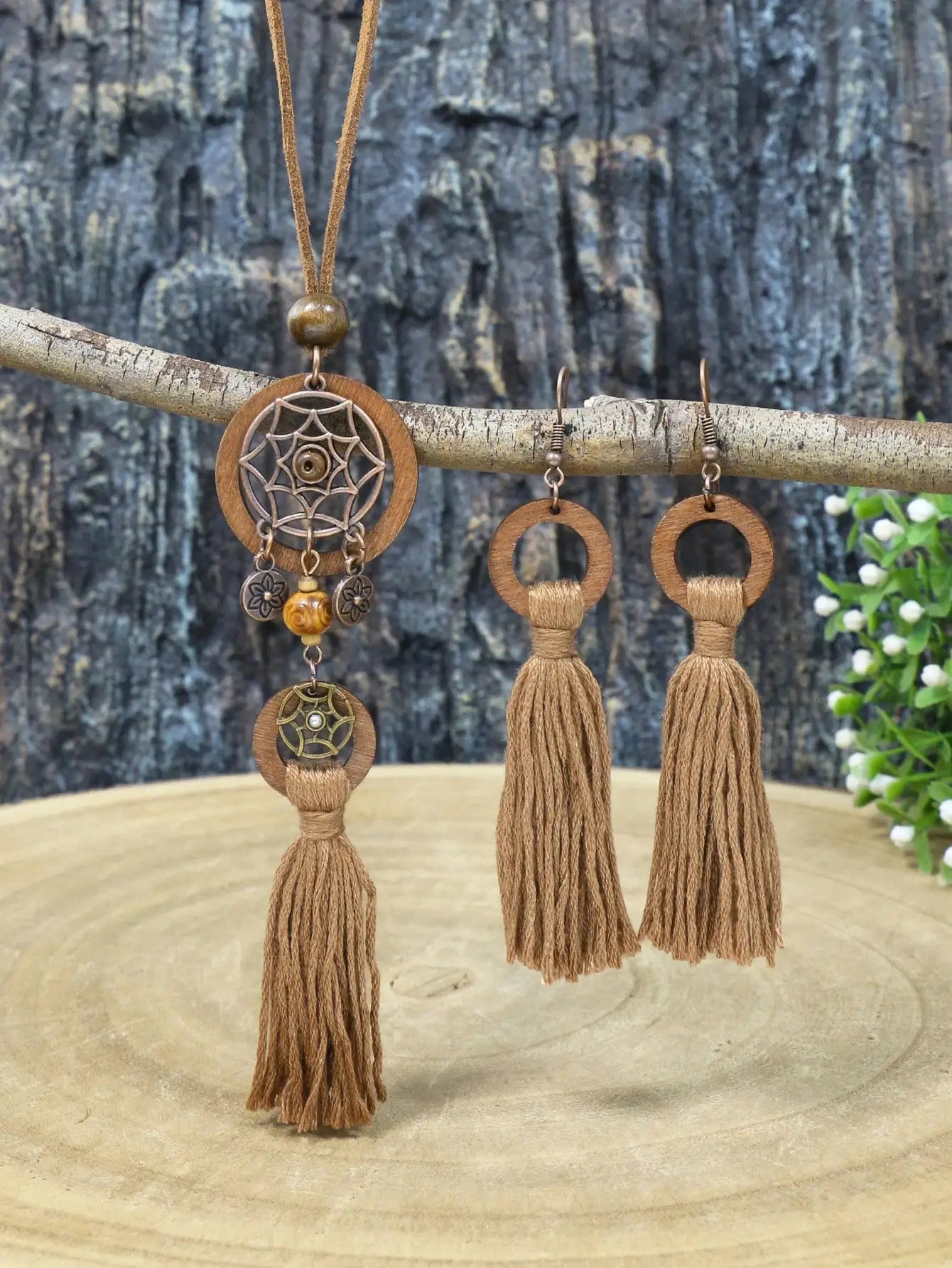 Bohemian Style Hollowed out Carved Pendant w/tassel Earrings Necklace Set