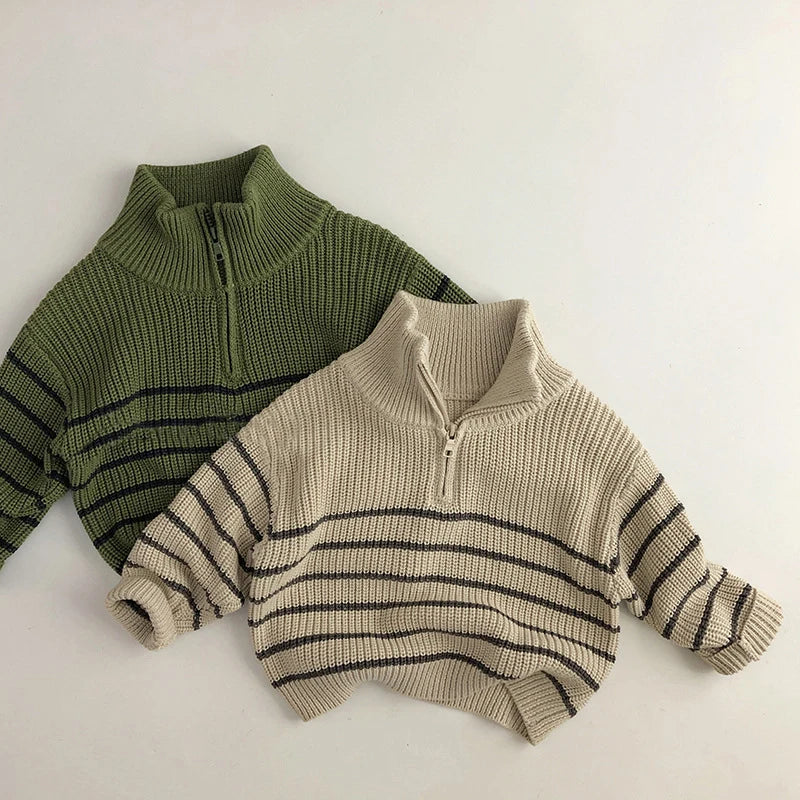 Unisex Sweaters with Classic Striped Half Zipper Girls Knit Pullover Tops