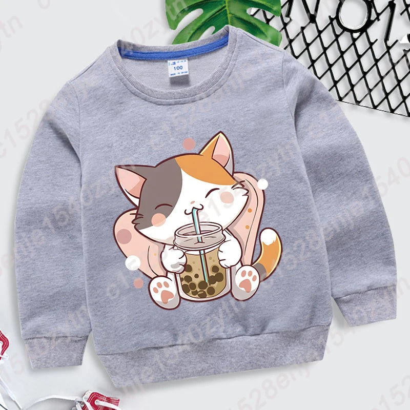 Cat Boba Tea Print Crew Neck Sweatshirt