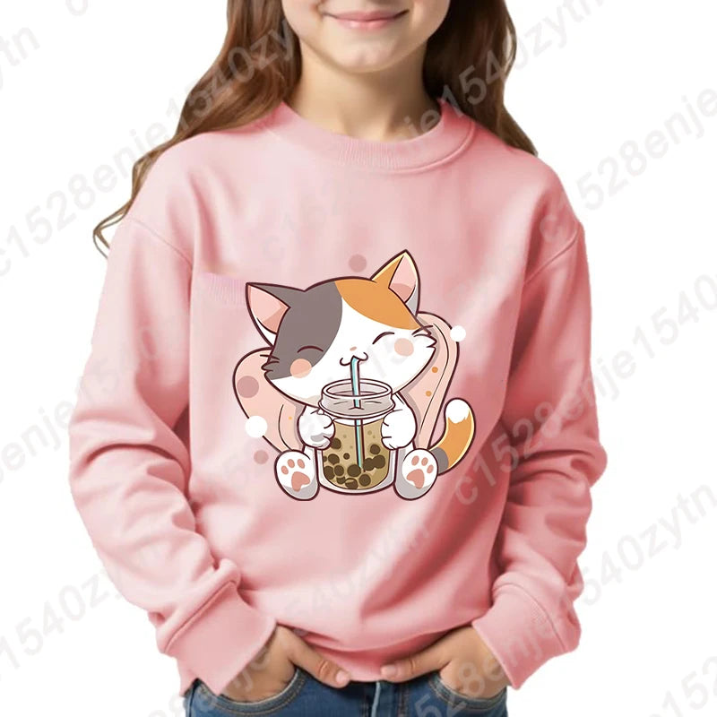 Cat Boba Tea Print Crew Neck Sweatshirt