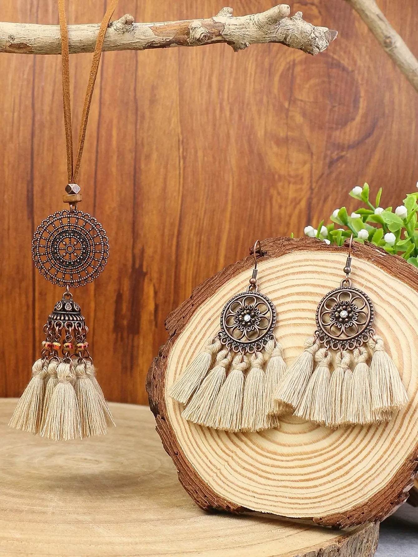 Bohemian Style Hollowed out Carved Pendant w/tassel Earrings Necklace Set