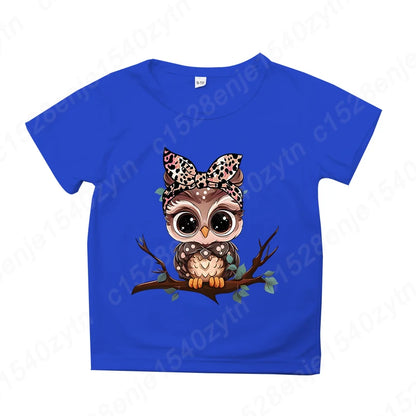 Girls Owl Leopard Bow Print T-shirt