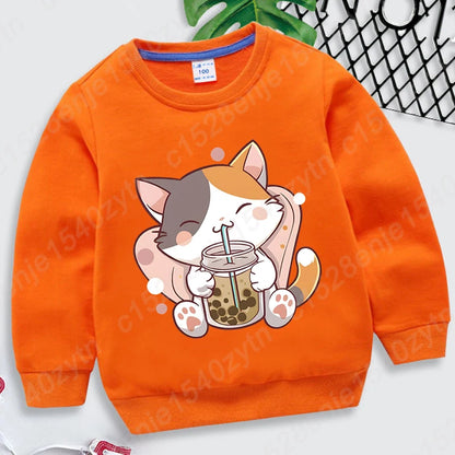 Cat Boba Tea Print Crew Neck Sweatshirt