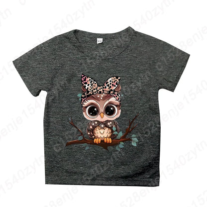 Girls Owl Leopard Bow Print T-shirt