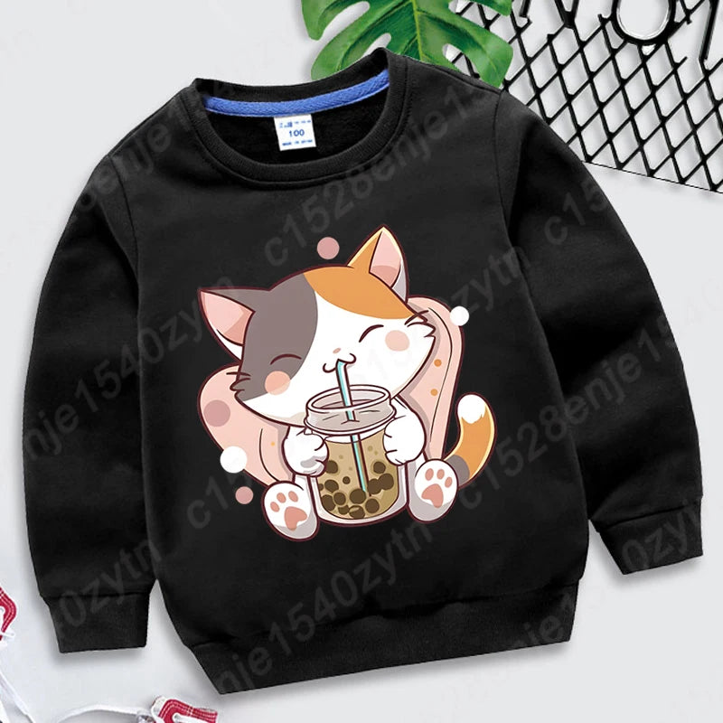 Cat Boba Tea Print Crew Neck Sweatshirt