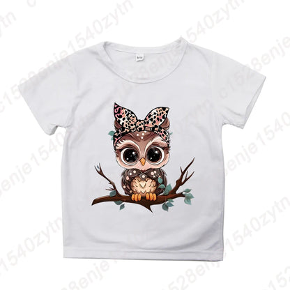 Girls Owl Leopard Bow Print T-shirt