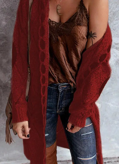 Vintage Women Oversized Hooded Long Cardigan Knitted Sweater Jumper Sweaters Knitted Plaid Casual Brown Coat Jersey Mujer Jacket