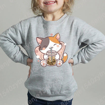 Cat Boba Tea Print Crew Neck Sweatshirt