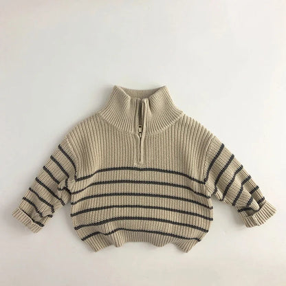 Unisex Sweaters with Classic Striped Half Zipper Girls Knit Pullover Tops