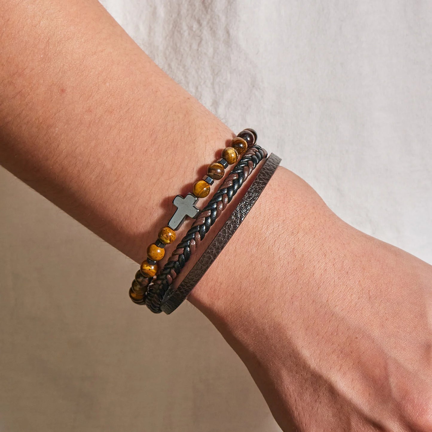 Natural Stone Beads Cross Bracelets Multilayer Leather Bracelet