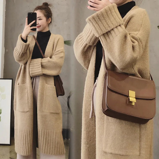 Knitted Cardigan Women’s Sweater Jacket: Elegant Vintage Loose Long Outerwear Maxi Sweater Coat Soft Jacket