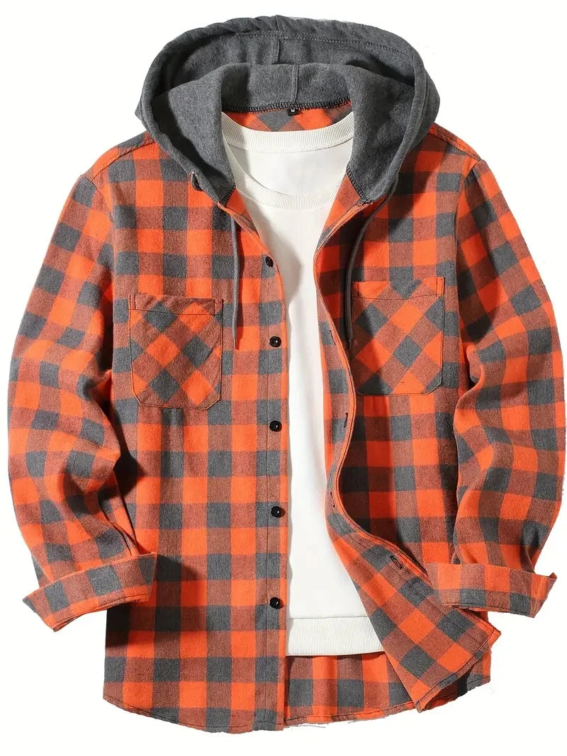 Slim Fit Long Sleeved Hooded Plaid Shirt Youth/Men