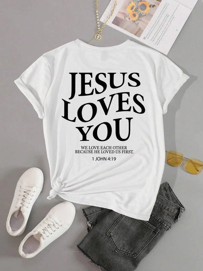 Jesus Loves You Letter Print Women Breathable T-Shirts