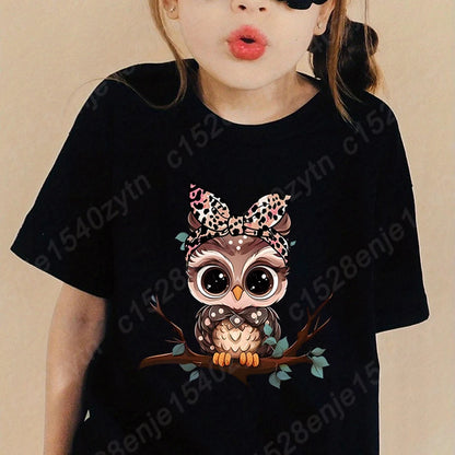 Girls Owl Leopard Bow Print T-shirt