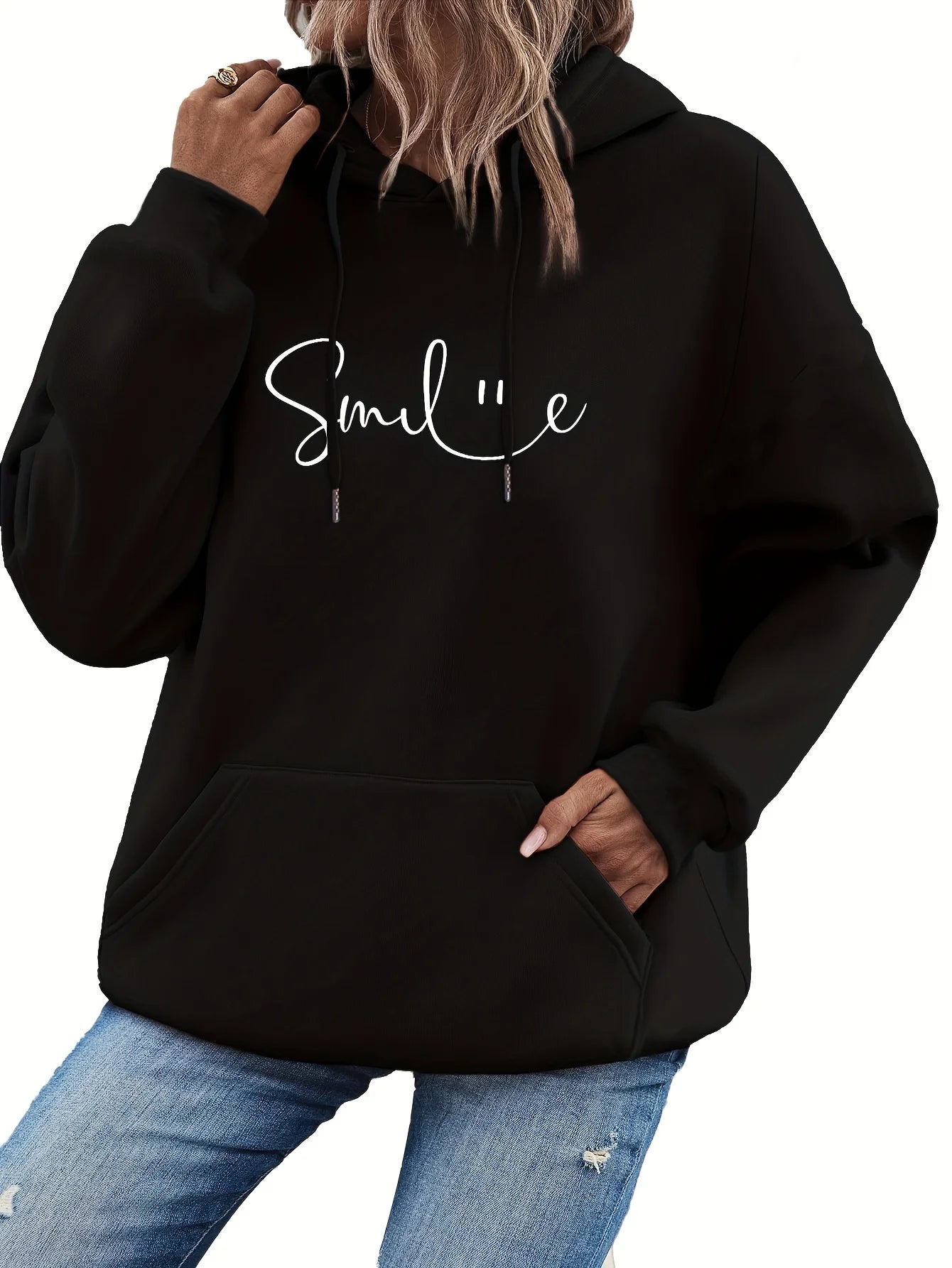 SMILE Print Hoodie with Kangaroo Pocket Sweatshirt