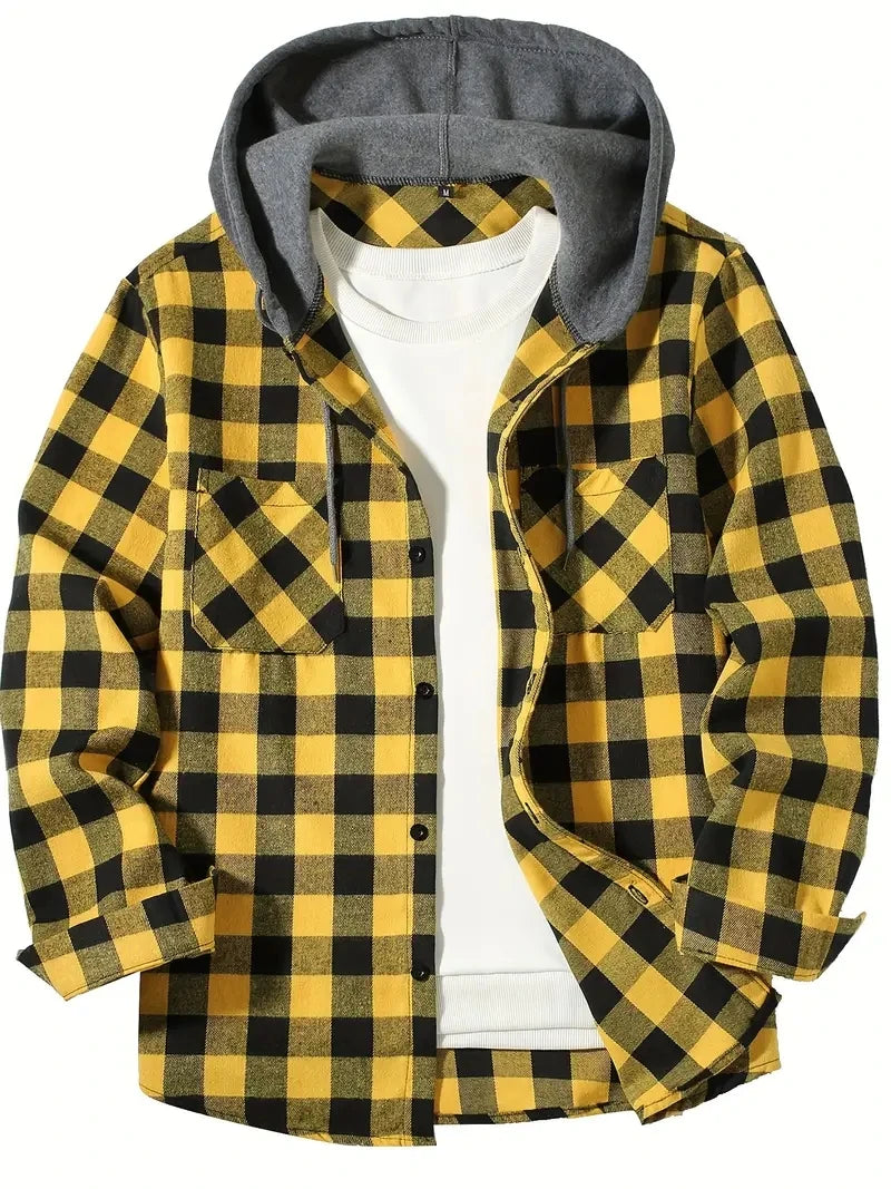 Slim Fit Long Sleeved Hooded Plaid Shirt Youth/Men