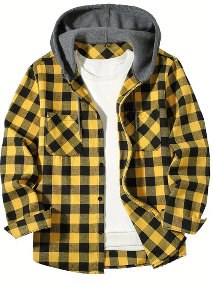 Slim Fit Long Sleeved Hooded Plaid Shirt Youth/Men