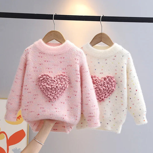 Children Autumn and Winter Knitwear Love Heart O-Neck Long Sleeve Pullovers - Loose Fit