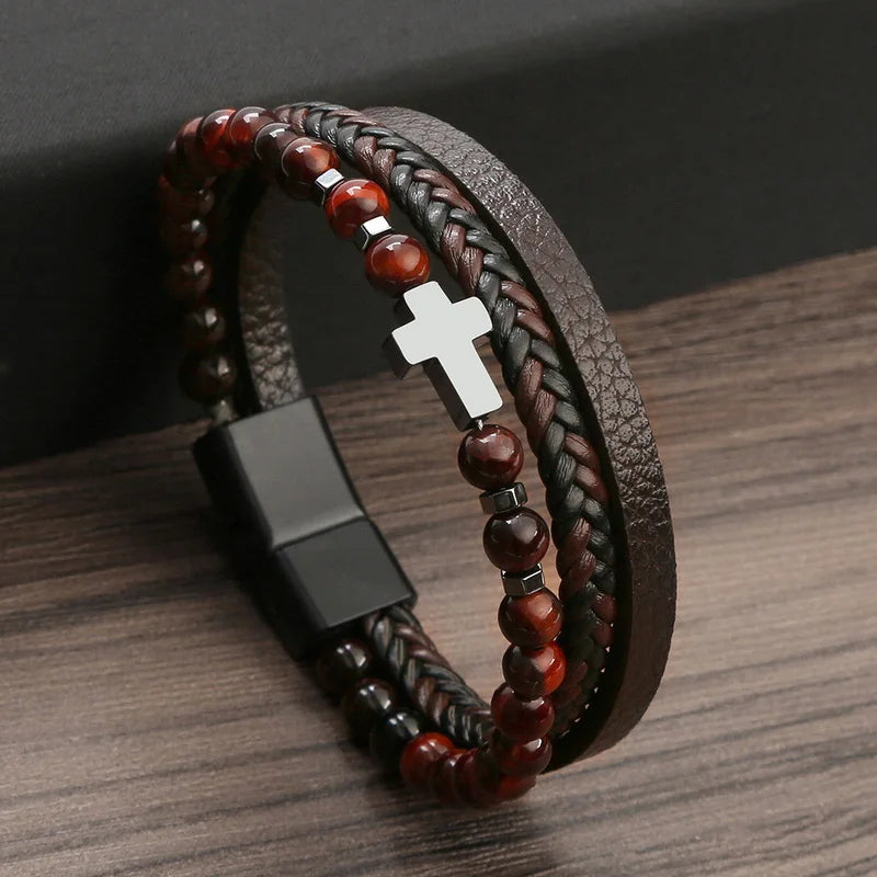 Natural Stone Beads Cross Bracelets Multilayer Leather Bracelet