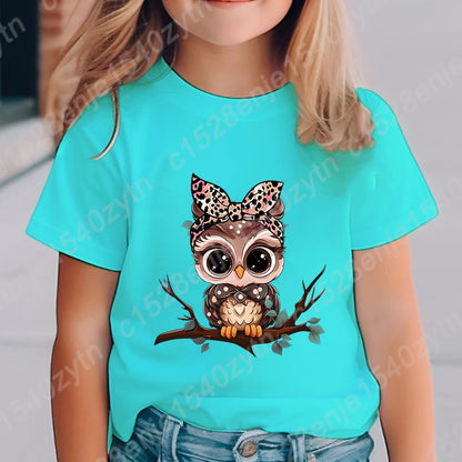 Girls Owl Leopard Bow Print T-shirt