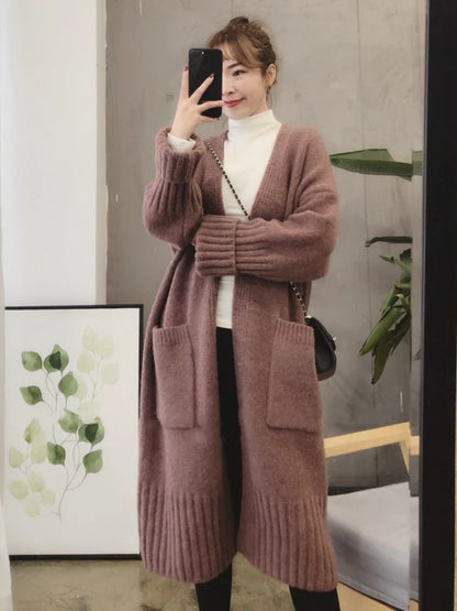 Knitted Cardigan Women’s Sweater Jacket: Elegant Vintage Loose Long Outerwear Maxi Sweater Coat Soft Jacket