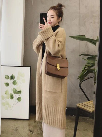 Knitted Cardigan Women’s Sweater Jacket: Elegant Vintage Loose Long Outerwear Maxi Sweater Coat Soft Jacket