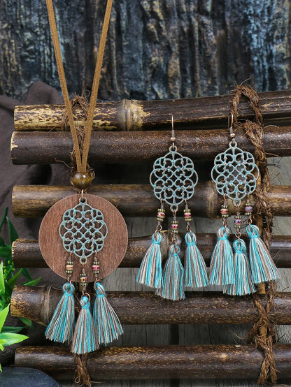 Bohemian Style Hollowed out Carved Pendant w/tassel Earrings Necklace Set