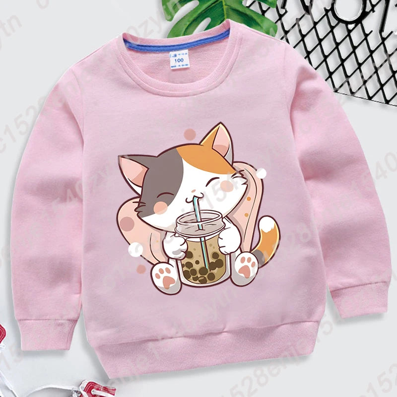 Cat Boba Tea Print Crew Neck Sweatshirt