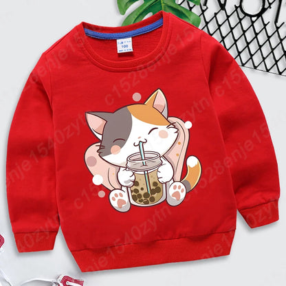 Cat Boba Tea Print Crew Neck Sweatshirt