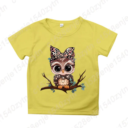 Girls Owl Leopard Bow Print T-shirt