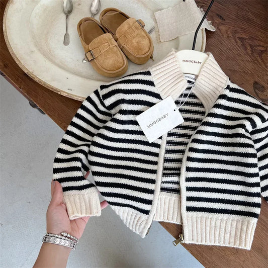 Girls’ Simple Stripe Knitted Cardigan Baby Zipper Coat with Loose Fit