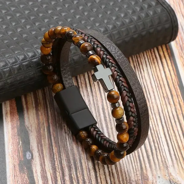 Natural Stone Beads Cross Bracelets Multilayer Leather Bracelet