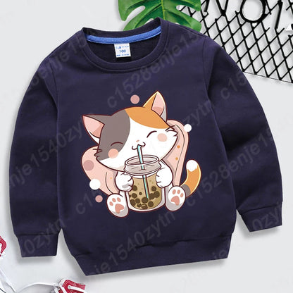 Cat Boba Tea Print Crew Neck Sweatshirt