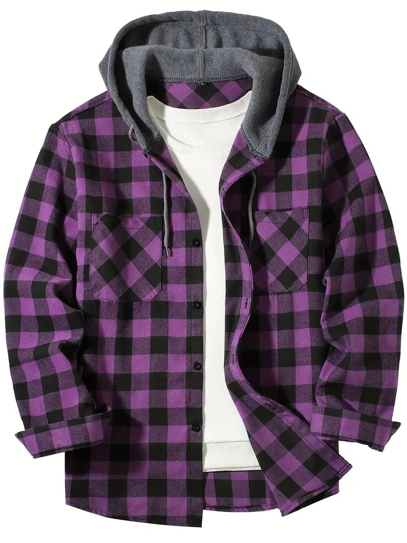 Slim Fit Long Sleeved Hooded Plaid Shirt Youth/Men