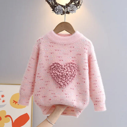 Children Autumn and Winter Knitwear Love Heart O-Neck Long Sleeve Pullovers - Loose Fit