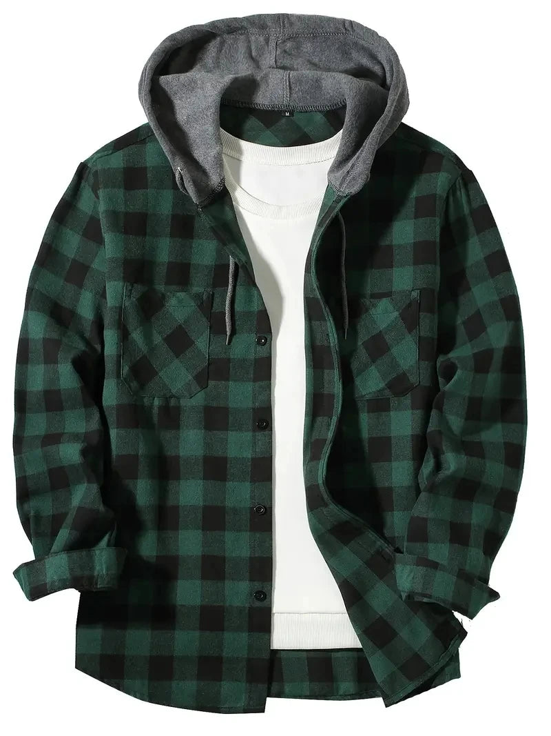 Slim Fit Long Sleeved Hooded Plaid Shirt Youth/Men