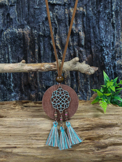 Bohemian Style Hollowed out Carved Pendant w/tassel Earrings Necklace Set