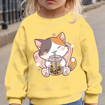 Cat Boba Tea Print Crew Neck Sweatshirt